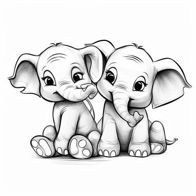 flat 2 cute elephants playing clipart black and white
