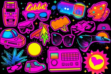 Retro 80s 90s clipart set. Neon colors y2k fashion patch, badge, emblem, stickers.