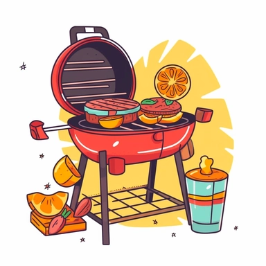 Summer BBQ Clipart, Backyard Barbecue ar 1:1, no gradient, no shade, no text, in svg, in vector, in sticker, 2d, on white background, with the die-cut line