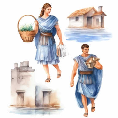 Watercolor well built roman man and woman with white cloths , illustrations clipart set, simple, , cartoon elements, different variants , separate elements with a margin