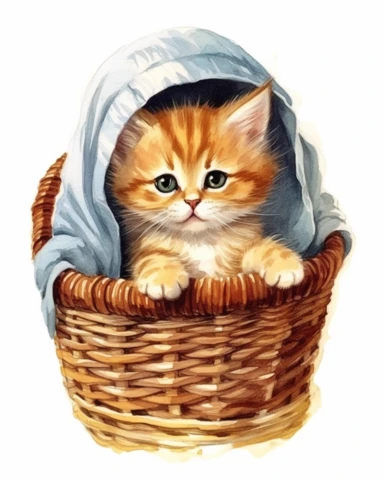 detailed watercolor Kitten in basket with cap , realistic, isolated on a white background, clipart