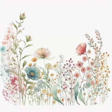 pastel color high resolution many field blossoms and flowers, floral bottom low border, watercolor clipart, white background