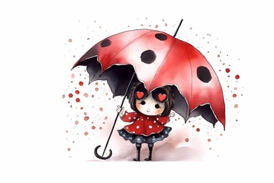 watercolor, cute red and black lady bug holding a flower umbrella, Alice in wonderland style, clipart, isolated, white background, spaced out--q 2