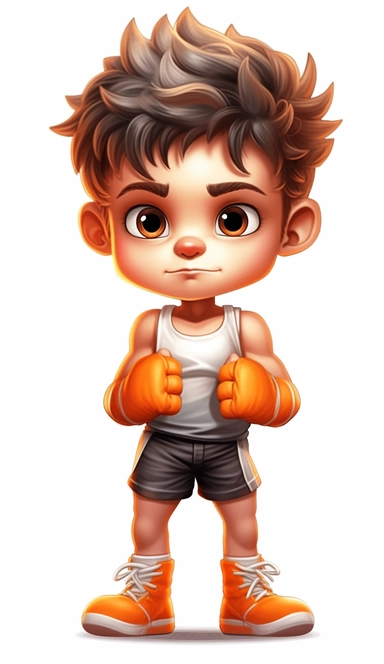 little kid boxer, Cute Beautiful 3d, Is Standing Full body Vector Sublimation Clipart, Cartoon, dominant white, grey, orange, hyper realistic, intricate detail, illustration style, high solution, on the white background
