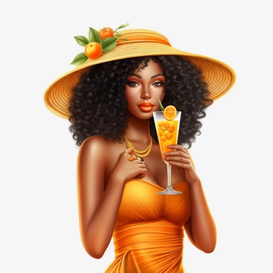 pretty black girl, Sun Straw Hat Wide Brim Summer Hat Foldable Roll up Floppy Beach Hats, pretty, holding a cocktail drink, orange outfit, 4k, hd, clipart