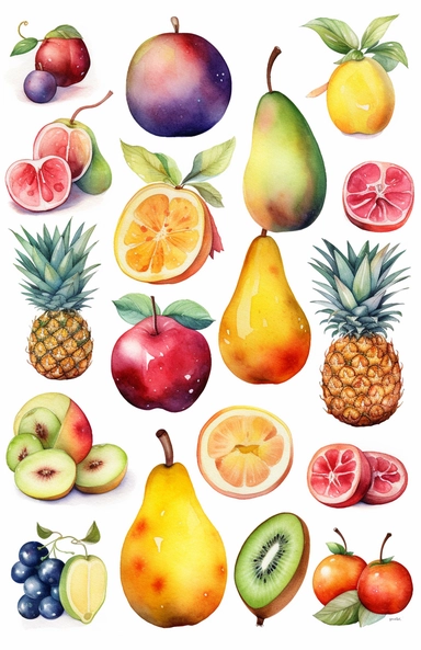 colorful hand drawn watercolor illustration set, realistic fruits icon set , vector clipart, in the style of Lois Van Baarle and Craig Mullins, in the style of Pixar, realistic hyper-detail on white smooth background with margins