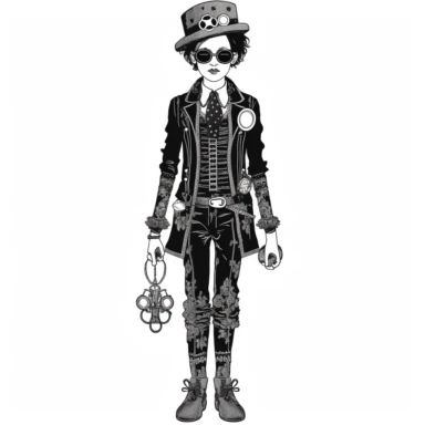 goth steampunk boy entire body illustration clipart by holly hobbie, comic style illustration, in the style of stencil-based, one color solid-crisp-black vector on white, thick outline style