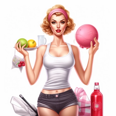 beautiful pretty pin up woman, makeup and hair 50's style, diferent yoga poses,with gym clothes and gym stuff 50's style, paint art style, detail, clipart, white background, superrealistic, one of a kind