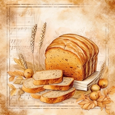 :decoupage card fresh baked bread background ornament, high detail, high sharpness many details soft colors, high resolution, clear lines, golden ratio, watercolor painting, illustration clip art octane render