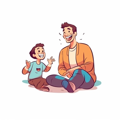 Father and son playing or laughing together, sticker style vector illustration for t - shirt, clipart, white background