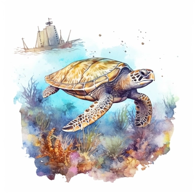 Watercolor clipart . Sea Turtle Exploring abandoned sunken Shipwreck on the seabed. The location is on the seabed. The sea turtle proportion is same as real sea turtle, Left some white empty space around the image frame,