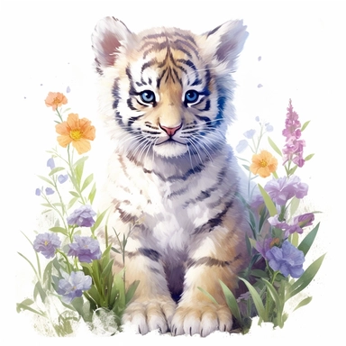 Clipart of baby tiger, tiger cub in a field of flowers, full body of tiger cub, watercolor painting, white background, featured on pixiv, computer art, watercolor, digital illustration, detailed painting, realistic