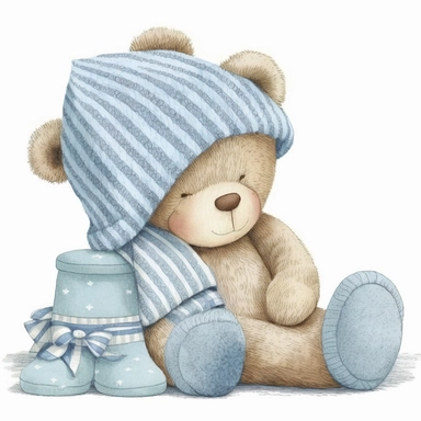 an ultra Cute little newborn baby teddy bear wearing pyjamas, #475F94 dusky blue shabby chic traditional classic striped pyjamas a bedtime hat and slipper shoes, watercolour, cute,, bedtime, sleepy, dreamy, isolated on white background, Clipart