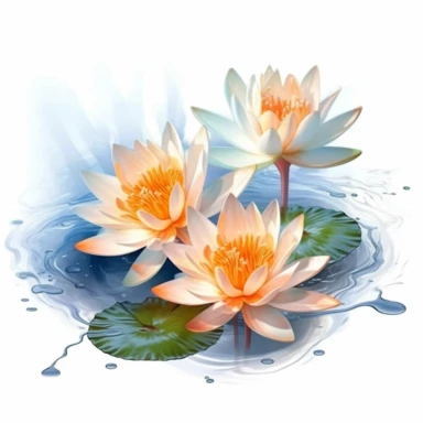 lotus flowers with orange blossoms floating on the water artistic watercolor with a delicate touch with shadow gradation white background clipart high quality 8k hyper detailed