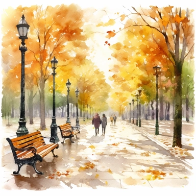 watercolor, hyper realistic, white background, white margins, 16k, ultra detailed clipart, cut out image, hand-drawn a peaceful park with benches under a canopy of colorful trees. Show people strolling along the pathways, enjoying the beauty of autumn.