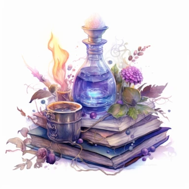 Spellbook, in the style of light silver and violet, mysterious and dreamlike scenes, realistic painted still lifes, vibrant watercolors, dreamlike installations, witchy academia, contest winner, watercolor clipart