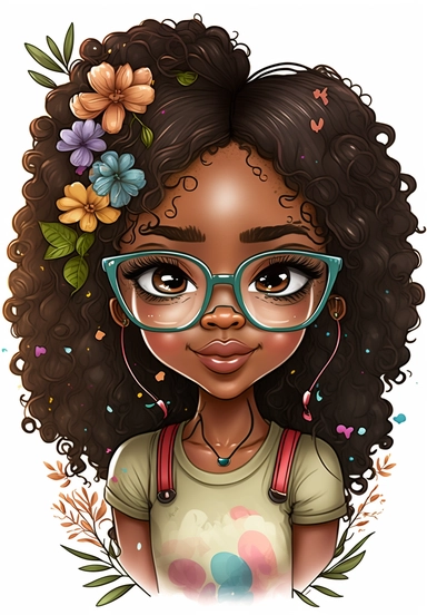 2d watercolor clipart kawaii, spring, april, character of beautiful african american woman, Intricately rendered dark Skinned woman, full body portrait, intricately rendered, 8k, long thick curls brown hair, sparkles, generously detailed, hyper realistic, digital, long rainbow eye lashes, beautiful retro comic urban chick, smart, books, nerdy, glasses, 8k,