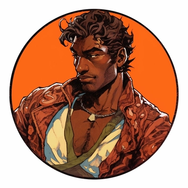 A circular tondo depicting a Dungeons & Dragons character lightly-armored dark-skinned African-heritage elf elvish weathered grungy hobo badass survivalist ranger warrior, Mike Allred Josh Kirby Mad Max Lord of the Rings, handpainted retrowave, clipart illustration, circle solid background