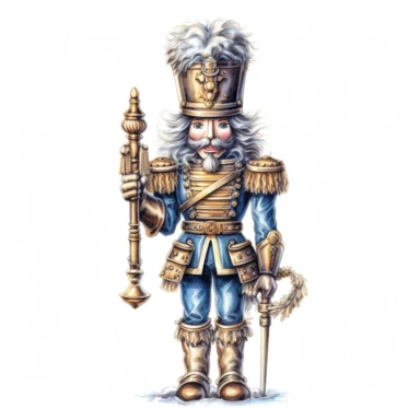 Christmas Nutcracker, Blue and Gold colors in watercolor pencil drawing style, on a white background, clipart, high details, hdr, hyperrealism