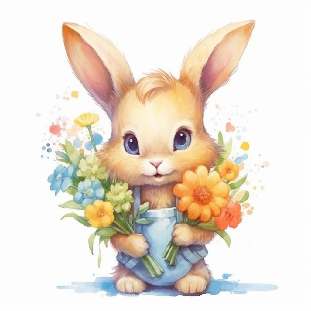 Subject: a cute watercolor bunny with bunch of pastel color flowers in ...