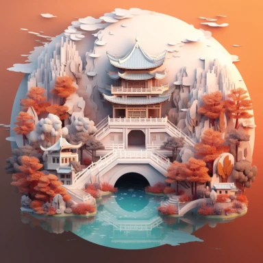 Ancient Chinese architecture landscape scenes, multidimensional paper style, fantastic gradient color, amazing works of art, multidimensional paper craft, soft colors, fisheye images, visual impact, 8 k images, art, dreamy, clipart, vision, bright color, oc rendering, 3 d relief, the figure in the face