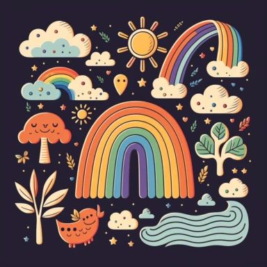 simple vector drawing of a rainbow, clipart, basic shapes, solid colors, joyful, doodle, sticker design, lineart, 2d flat file, silhouette, svg cut file