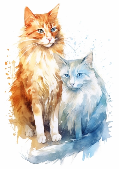 watercolor clipart cats, watercolour drawing, vector illustration, cat, dog, in the style of exquisite realism, white and amber, light red and azure, detailed character design, illustration, furry art, dutch realism