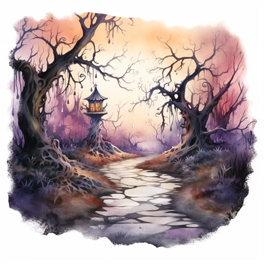 isolated illustration of a fantasy haunted path, eerie vibe, whimsical colors, watercolor illustration, high resolution clipart, isolated on white background