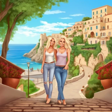 panoramic view, full view, landscape, two beautiful older middle-aged female best friends, one with long blonde hair and one with short blonde hair, age appropriate attire, same height, posing, smiling, beautiful faces, along a cobblestone walkway in a beautiful mediterranean town with view of beautiful blue water, cascading bougavanelia, beautiful summer day, illustration clipart, photo realistic, romantic, fantasy, ethereal, sharp focus, high detail,