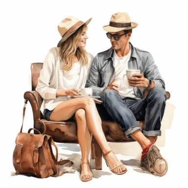 Travel Watercolor Clipart, a man and a woman, best friends, drinking coffee, pastel color, single object ,isolated on white background, highly detailed, hand painted watercolor illustration by Cath Kidston, Emma Bridgewater, png transparent background, white background for removing background - - no text shadow font watermark