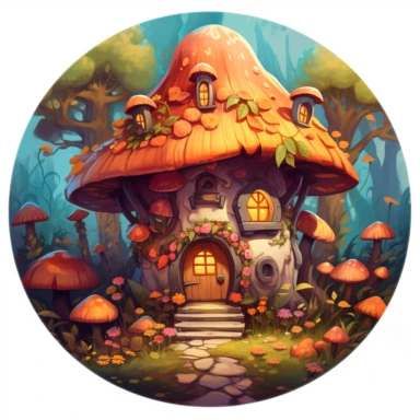 clipart of charming Mushroom Fairy House surrounded by enchanted trees and flowers. Create an illustration that captures the magic and enchantment of this place