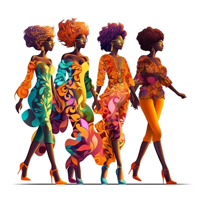 3d four black women dressed in floral and brightly colored walk in a park, in the style of dark orange and amber, afro-caribbean influence, organically inspired body art, washington color school, hannah yata, dynamic outdoor shots, babycore clipart, graphic vector, isolated on white background