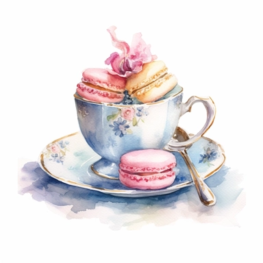 Clipart, Watercolor, Shabby Chic Tea Cup with saucer and tier tray with sweets and cake , light colors, hand-draw, texture