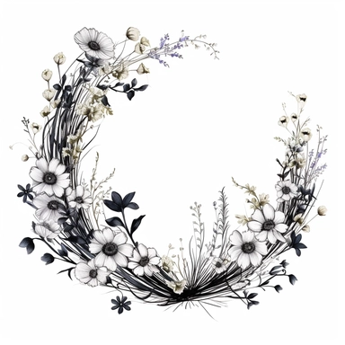 various wildflowers. modern, minimalistic wildflowers connected to a stem, in the shape of one giant wreath with a huge opening in the middle, black and white, in the style of a high-quality hand-drawn, on a clean white background, wedding clipart