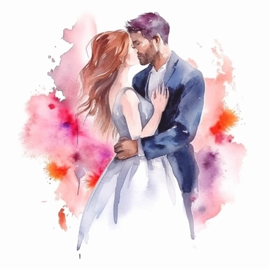 Artistic cute wedding illustrations clipart, newlyweds, on a white background, vibrant color watercolors, husband and wife on their wedding day, love, realistic watercolor painting style