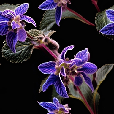 Purple borage flowers as a clipart with black background. A masterfully crafted digital artwork that explores the beauty and intricacy of purple borage flowers. The composition offers a close-up perspective, allowing the viewer to marvel at the delicate details of each petal and the unique patterns they create. Soft lighting highlights the vibrant purple tones, evoking a sense of tranquility and serenity. The artwork exhibits a contemporary realism style with a touch of impressionism, reminiscen