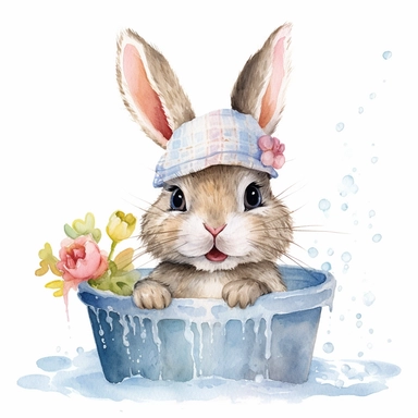 clip art transparent background cute watercolor happy rabbit with birthday hat in a bathroom washing face beauty routine