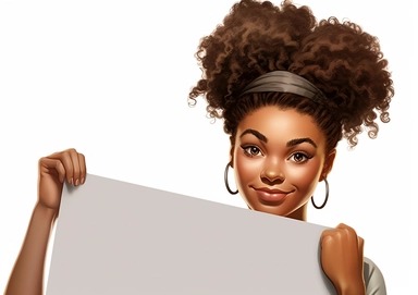 Cartoon Clipart of beautiful African American girl with braided hair, girl holding a blank board on white background, Norman Rockwell style is 20 years old holding white sheet poster, in the style of street style realism, uhd image, illustrated advertisements, eye-catching composition, photorealistic detail, light silver and brown, matte photo
