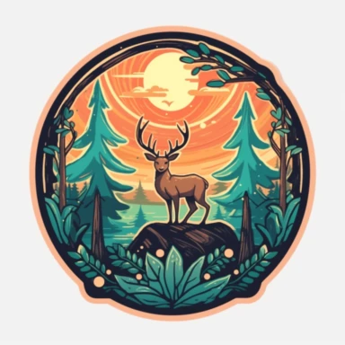 Sticker logo, featuring trees, lush foliage, and woodland creatures like deer or squirrels, capturing the essence of camping in nature, on transparent background free clipart, in the style of digital painting and drawing, 2d game art, scoutcore, anime-influenced, cabincore, high resolution, light sky-blue and dark maroon