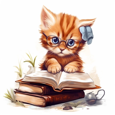 Clipart of a charming kitten engrossed in a story, Hand Drawn Back To School Clip Art, white background