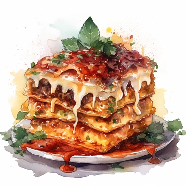 Create mouthwatering visuals of layered pasta, meaty sauce, and gooey cheese with watercolor clipart that depicts the beloved comfort food, lasagna, hyper realistic, white background