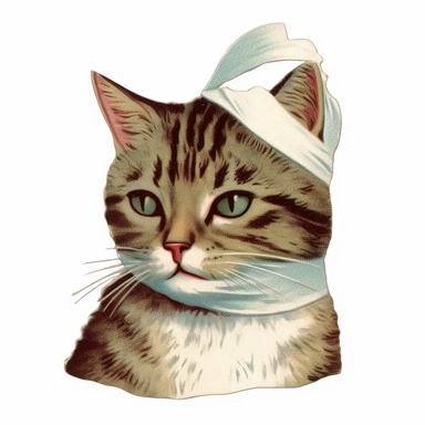 Vintage 1920 tabby cat with one eye closed & bandage Illustration, Chromolithograph, 1920s Illustration, Vintage, Chromolithograph, Colorful, Antique, Ephemera, Clipart, 8k, Isolated on white
