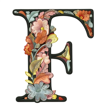 Floral Machine Embroidery, detailed illustration, clipart, white background, letter F