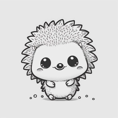 Smiling baby hedgehog anime style white background , thick outline , Create a sketch of a black and white  Cute and adorable cartoon it , fantasy, dreamlike, surrealism, super cute, trending on artstation design, in a minimal and lineal style. The tattoo should be simple, with clean lines and minimal detail. The sketch should be done in pen or pencil , looking to the camera, clipart, , white background, summer flowers at the bottom, cute, love vibes, summer vibes, png, highly detailed