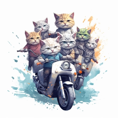 Create a clipart of a group of cute cats riding motorcycles together, perhaps forming a motorcycle gang. Low detail. White background, soft lighting. In the style of Bob Ross