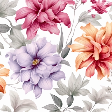 3D flora, flowers, Watercolor, vector, white background, clipart, Seamless patterns, repeating patterns design, flat illustration, outlined , Vector, 4K, Art station, digital print, highly detailed clean