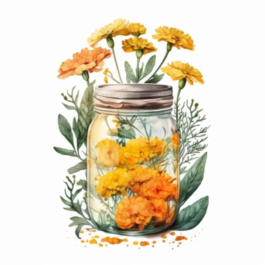 [1698708546] Watercolor clipart. A lively watercolor composition showcasing a bunch of marigolds gracefully arranged in a transparent glass jar.. White background. No text. No caption. No logo