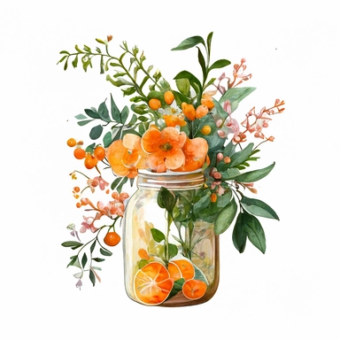 watercolour orange fruit bouquet in a glass jar clipart with orange flowers and leaves and flora in white background