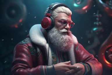 Main model shoot style, 8k digital artwork of a cool Santa Claus listening to music in headphones. The artwork is a digital illustration, showcasing the modern and trendy side of the beloved Christmas figure. The level of detail is high, with intricate patterns and textures on Santa's clothing and accessories. The fantasy concept draws from the idea of Santa enjoying some downtime and listening to his favorite tunes, creating a unique and exciting piece of art. The lighting is dynamic and colorf