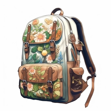 watercolor, hyper realistic, white background, white margins, 16k, ultra detailed clipart, cut out image, hand-drawn, whimsical manhwa style, ultra HD, sharp and clean art a vintage travel backpack adorned with delicate floral , capturing the romantic and feminine aesthetics often associated with vintage fashion and travel. earthy brown pastel